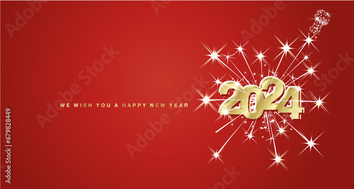 Happy New Year 2024 eve modern design with light big explosion of double stars and champagne sparkle firework. Reflection shape from golden white to red for 2024. New Year 2024 on red greeting card
