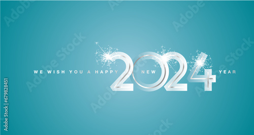 We wish You Happy New Year 2024 eve silver glass modern design numbers sparkle firework sea green color greeting card