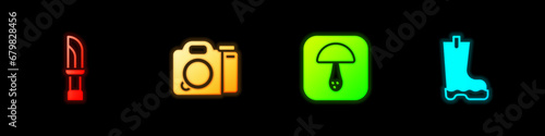 Set Knife, Photo camera, Mushroom and Waterproof rubber boot icon. Vector