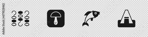 Set Grilled shish kebab on skewer, Mushroom, Fish and Tourist tent icon. Vector