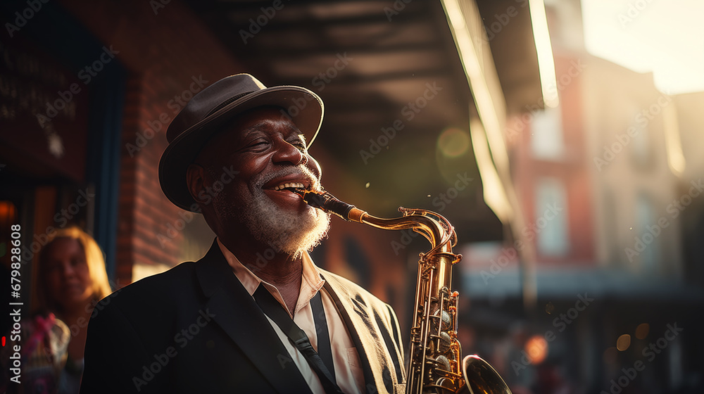 An African-American elderly talented jazz musician plays the saxophone on a bright street of a southern city - obrazy, fototapety, plakaty 