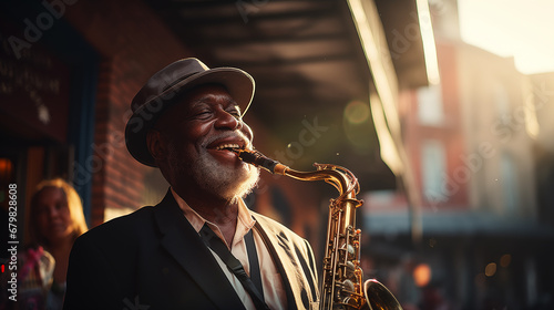 An African-American elderly talented jazz musician plays the saxophone on a bright street of a southern city photo