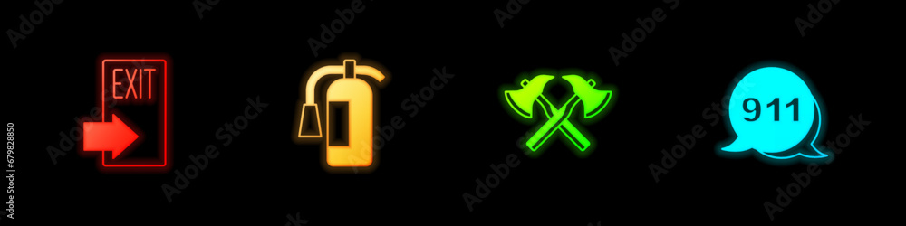 Set Fire exit, extinguisher, Firefighter axe and Emergency call 911 icon. Vector Set Fire exit, extinguisher, Firefighter axe and Emergency call 911 icon. Vector
