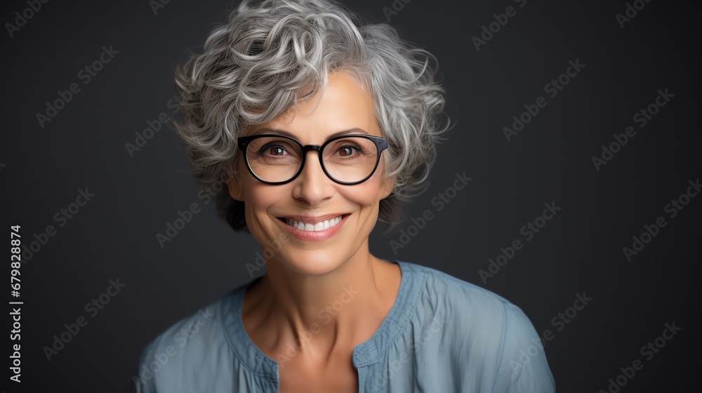 a woman with glasses smiling - obrazy, fototapety, plakaty 