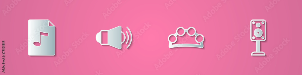 Set paper cut MP3 file document, Megaphone, Tambourine and Stereo speaker icon. Paper art style. Vector Set paper cut MP3 file document, Megaphone, Tambourine and Stereo speaker icon. Paper art style. Vector