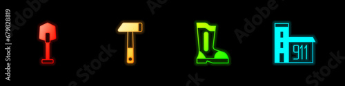 Set Fire shovel, Hammer, boots and Building of fire station icon. Vector