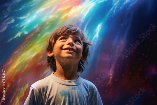 Young Boy Mesmerized by Vibrant Rainbow Colors Generative AI