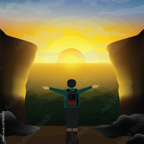 Nature lovers are standing on a cliff and watching the beauty of the sun appearing at sunrise. Flat style illustration of beautiful landscapes, mountains, forests, cliffs, and rocks, sunrise and sky.