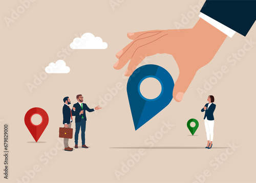 Hand carrying huge with Location Pin. Change place of Business location. Location Services as Destination. Flat vector illustration