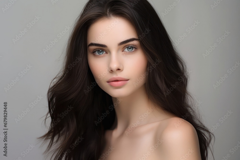 Woman with Enchanting Blue Eyes and Flowing Dark Hair Generative AI