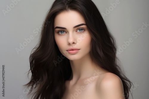 Woman with Enchanting Blue Eyes and Flowing Dark Hair Generative AI