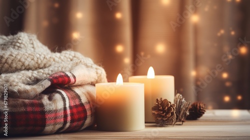 Burning candles and christmas enhancements on wooden plate with warm plaid. winter cozy fashion. hygge concept.