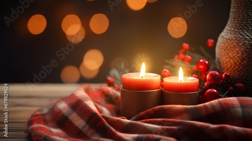Burning candles and christmas enhancements on wooden plate with warm plaid. winter cozy fashion. hygge concept.