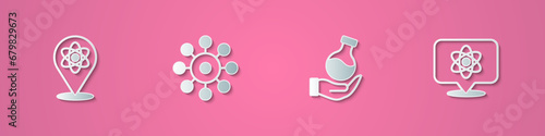 Set paper cut Atom, Virus, Test tube and icon. Paper art style. Vector