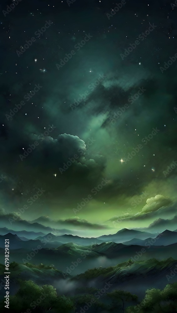 Olive green gradient mystical sky with clouds and stars landscape phone background wallpaper, ai generated