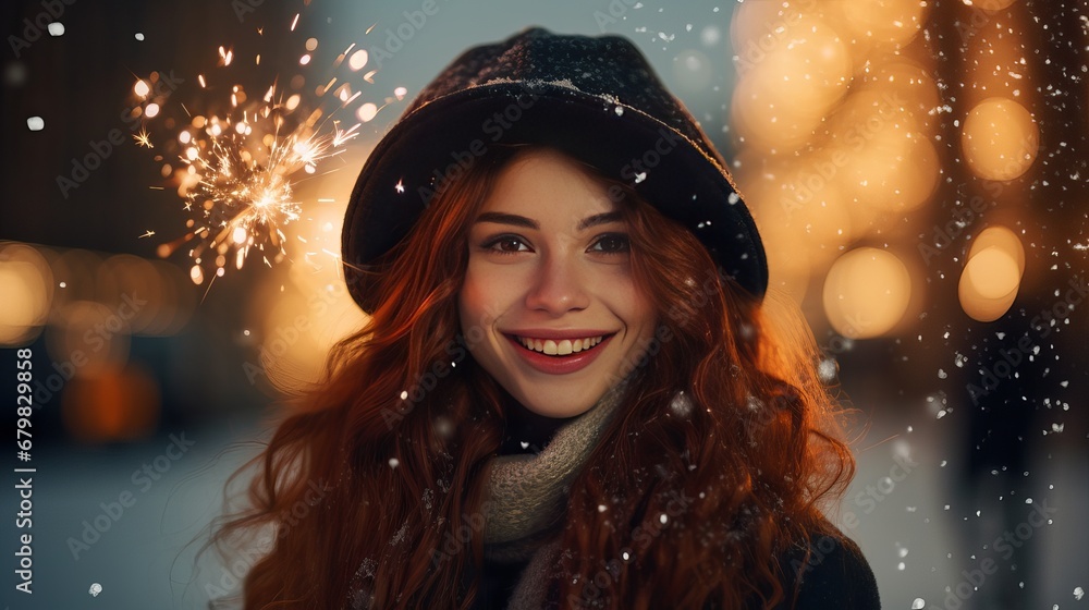 Charming red-haired young lady in a santa cap with sparklers in her hands grinning at the camera Charming red-haired young lady in a santa cap with sparklers in her hands grinning at the camera