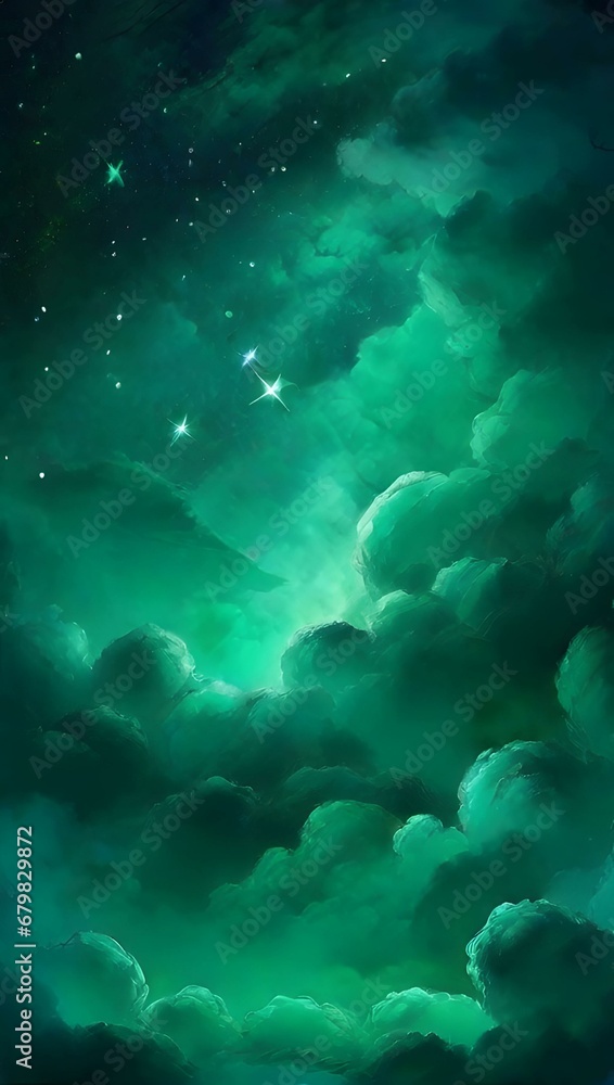 Obraz premium Mint green light gradient mystical sky with clouds and stars phone background wallpaper, ai generated