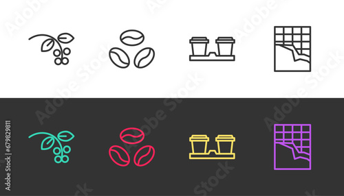 Set line Coffee bean, branch, beans, cup to go and Chocolate bar on black and white. Vector