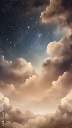 Taupe dark brown gray colored gradient mystical sky with clouds and stars phone background wallpaper, ai generated