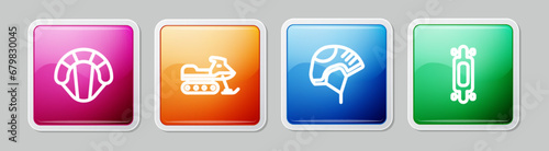 Set line Parachute, Snowmobile, Helmet and Longboard or skateboard. Colorful square button. Vector