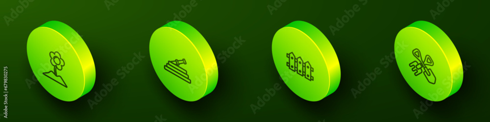 Set Isometric line Flower, Garden hose or fire hose, fence wooden and Shovel and rake icon. Vector Set Isometric line Flower, Garden hose or fire hose, fence wooden and Shovel and rake icon. Vector