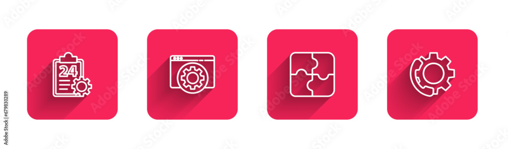 Set line Checklist with 24 hours service, Browser setting, Piece of puzzle and Telephone support with long shadow. Red square button. Vector Set line Checklist with 24 hours service, Browser setting, Piece of puzzle and Telephone support with long shadow. Red square button. Vector