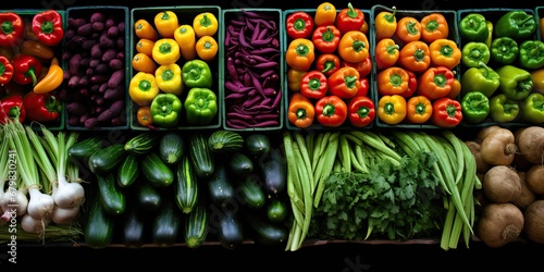 AI Generated. AI Generative. Many different fresh eco organic vegetables products on shelf store market grocery shop background. Graphic Art