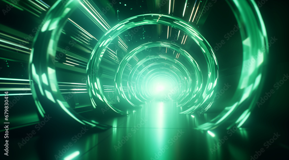 Fototapeta premium Abstract background with green glowing lines, like a tunnel through space or in a spaceship, surrounded by large circles, with a bright light at the end of the tunnel, futuristic and mysterious design
