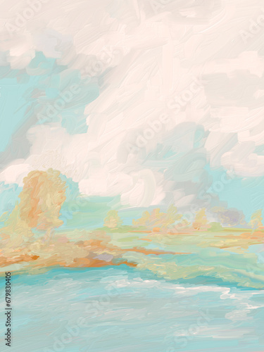 Impressionistic Peaceful Soft Pastel Autumn or Fall Landscape at the Lakeshore In Aqua, Yellow, Orange, Light Green & Light Blue -Art, Digital Painting, Artwork, Design, Illustration