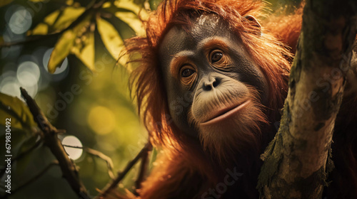An orangutan hanging on a tree branch with its eyes wide open photo