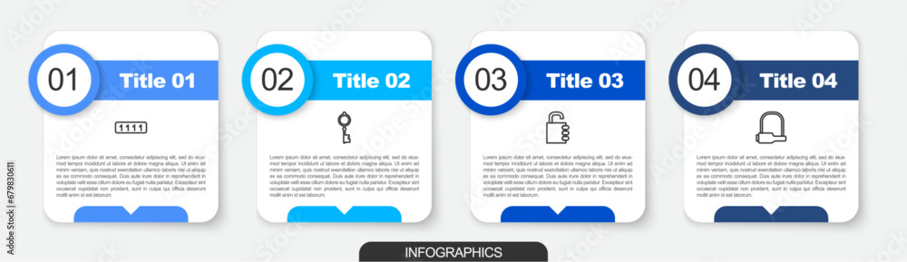 Set line Password protection, Old key, Safe combination lock and Bicycle. Business infographic template. Vector Set line Password protection, Old key, Safe combination lock and Bicycle. Business infographic template. Vector