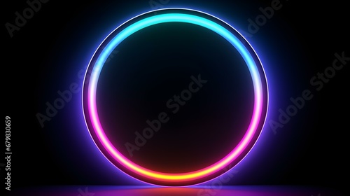 Multicolor Neon Light Circle on a black Background. Futuristic Template for Product Presentation