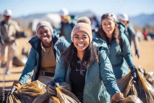 Group team of young and diverse volunteer workers collecting garbage and cleaning nature. Generative AI