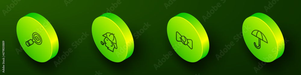 Set Isometric line Magnifying glass, Sherlock Holmes, Bow tie and Umbrella icon. Vector Set Isometric line Magnifying glass, Sherlock Holmes, Bow tie and Umbrella icon. Vector