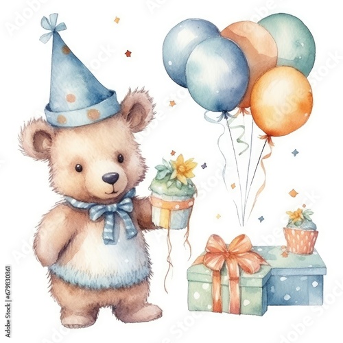 set Funny birthday bears of watercolors on white background