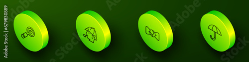 Set Isometric line Magnifying glass, Sherlock Holmes, Bow tie and Umbrella icon. Vector