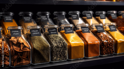 Aromatic spices shop or a supermarket spice section with empty price or name tag as wide banner