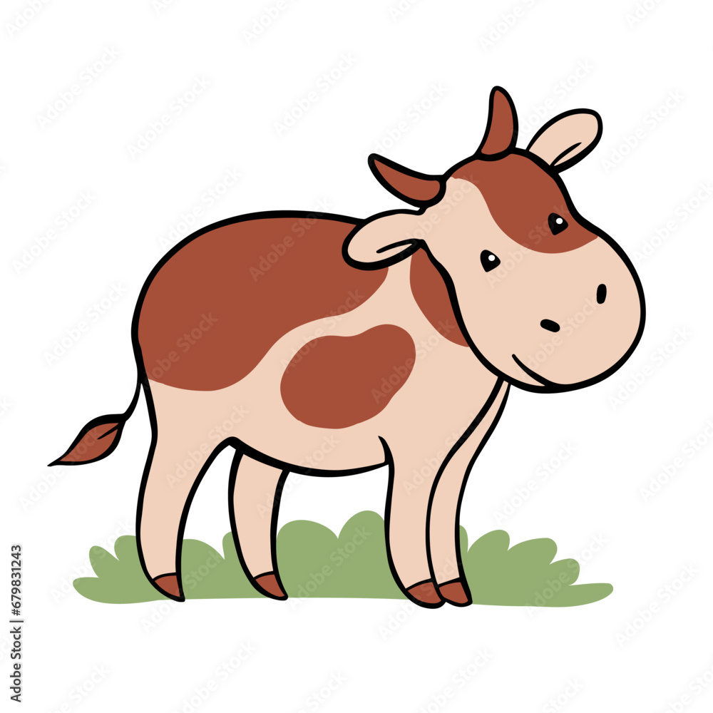 Cow with udder. Cute domestic animal for farm, milk and meat. Child character. Ungulate mammal. Spotted color. Vector cartoon illustration isolated on white background