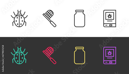 Set line Mite, Butterfly net, Glass jar and Book about insect on black and white. Vector