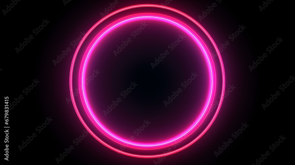 Pink Neon Light Circle on a black Background. Futuristic Template for Product Presentation