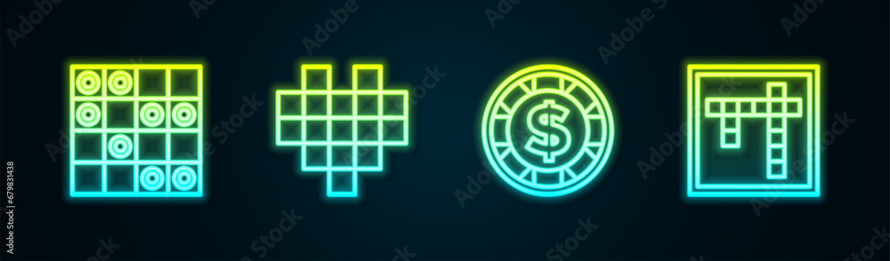 Set line Board game of checkers, Pixel hearts for, Casino chip with dollar and Bingo. Glowing neon icon. Vector Set line Board game of checkers, Pixel hearts for, Casino chip with dollar and Bingo. Glowing neon icon. Vector