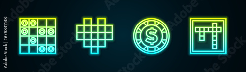 Set line Board game of checkers, Pixel hearts for, Casino chip with dollar and Bingo. Glowing neon icon. Vector