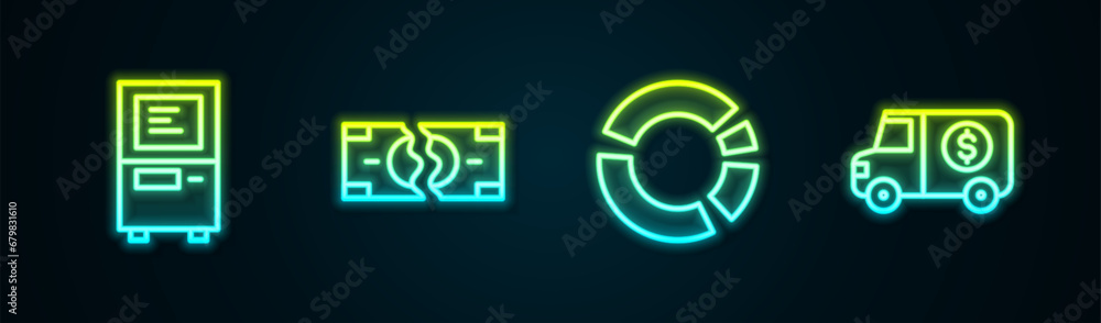 Set line ATM, Tearing money banknote, Pie chart infographic and Armored truck. Glowing neon icon. Vector Set line ATM, Tearing money banknote, Pie chart infographic and Armored truck. Glowing neon icon. Vector