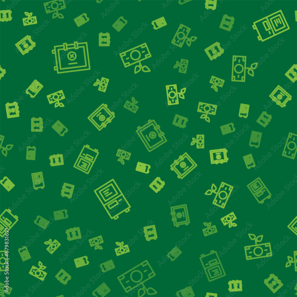 Set line Safe, ATM and Money plant in the pot on seamless pattern. Vector Set line Safe, ATM and Money plant in the pot on seamless pattern. Vector