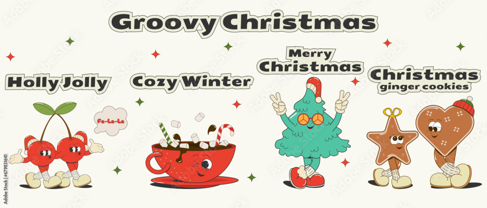 set Christmas comic groovy characters in retro 70s - 60s style, isolated on a white background: tree,cocoa,ginger cookies,funny cherries.Holiday stickers,prints,design elements, template.Vector