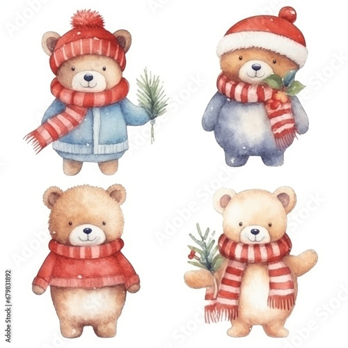 set Funny Christmas winter bears of watercolors on white background