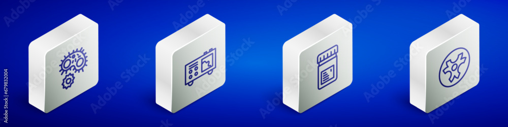 Set Isometric line Virus, Spectrometer, Jar with additives and Biohazard symbol icon. Vector Set Isometric line Virus, Spectrometer, Jar with additives and Biohazard symbol icon. Vector