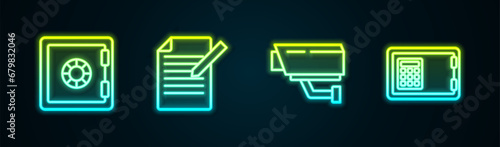 Set line Safe, Document and pen, Security camera and . Glowing neon icon. Vector
