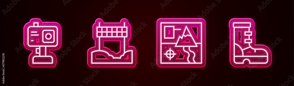 Set line Action camera, Ribbon in finishing line, Folded map and Waterproof rubber boot. Glowing neon icon. Vector Set line Action camera, Ribbon in finishing line, Folded map and Waterproof rubber boot. Glowing neon icon. Vector
