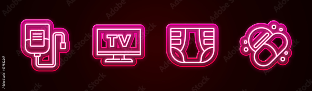 Set line IV bag, Smart Tv, Adult diaper and Medicine pill or tablet. Glowing neon icon. Vector Set line IV bag, Smart Tv, Adult diaper and Medicine pill or tablet. Glowing neon icon. Vector